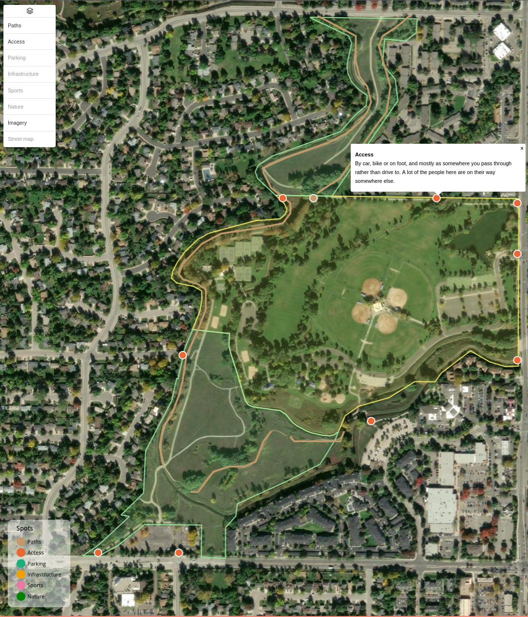 Paths and Access on the map: the Spring Creek Trail and the dirt paths through the park, and the ways in from every side
